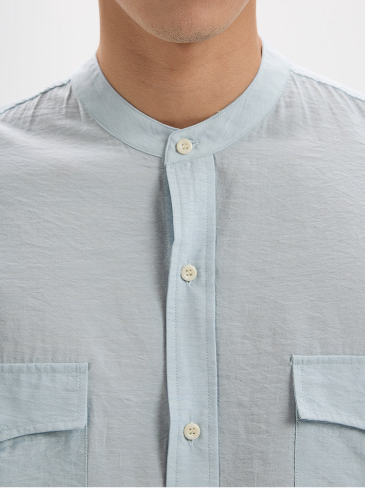 BUTTBILL Minimalist Crinkled Pima Cotton Blend Band Collar Shirt with Double Pockets029