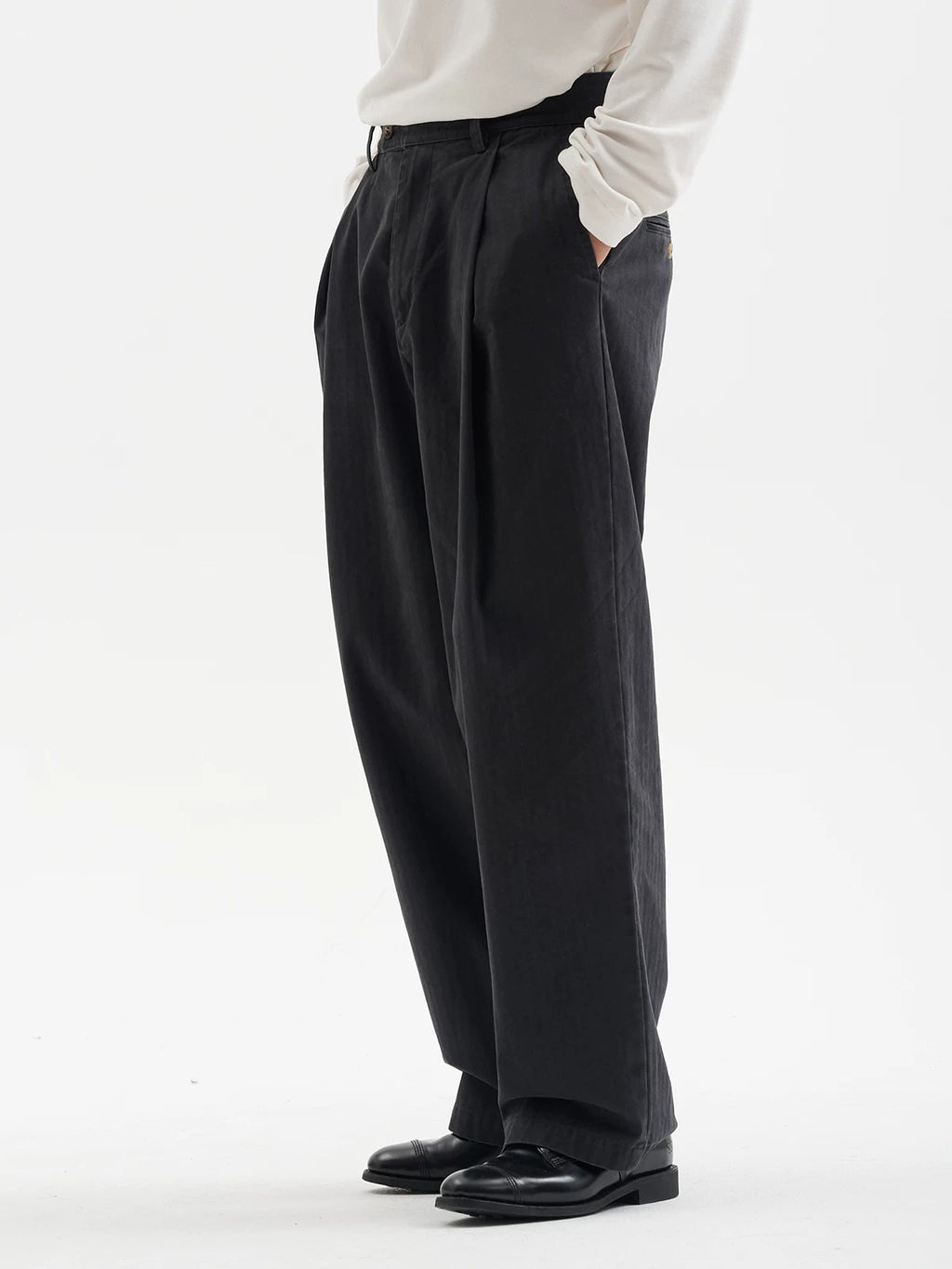 BUTTBILL Unisex 100% Cotton Herringbone Double-Pleated Trousers076