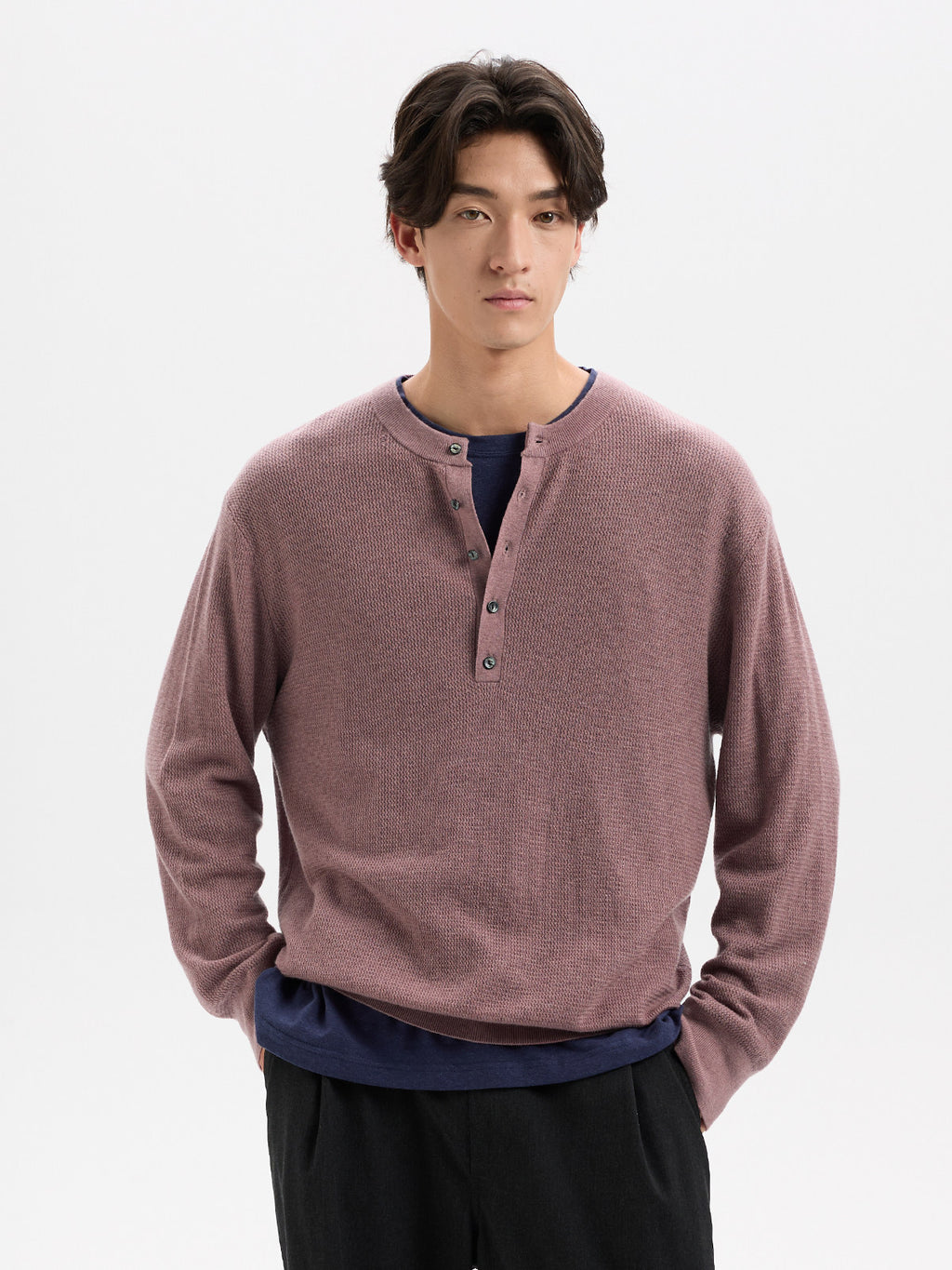 BUTTBILL Classic 48s Wool Blend Henley Knit Pullover with Shell Buttons018
