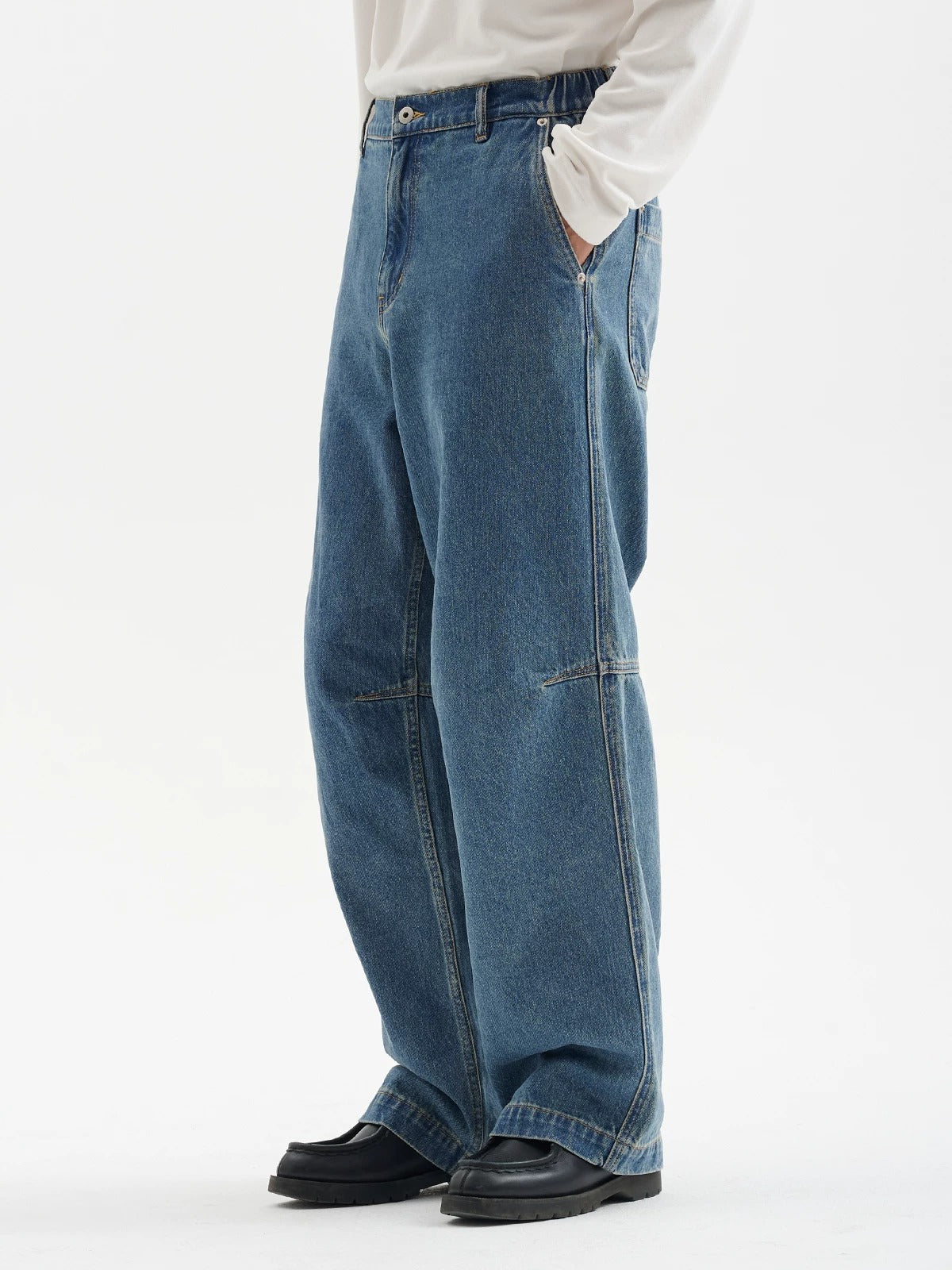 BUTTBILL Men's 13.2oz Knee-Pleated Washed Denim Jeans with Contrast Stitching080