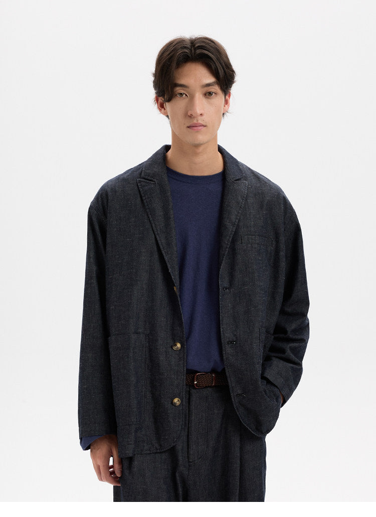 BUTTBILL Unisex Cotton-Linen-Lyocell Blend Washed Denim Relaxed Blazer023