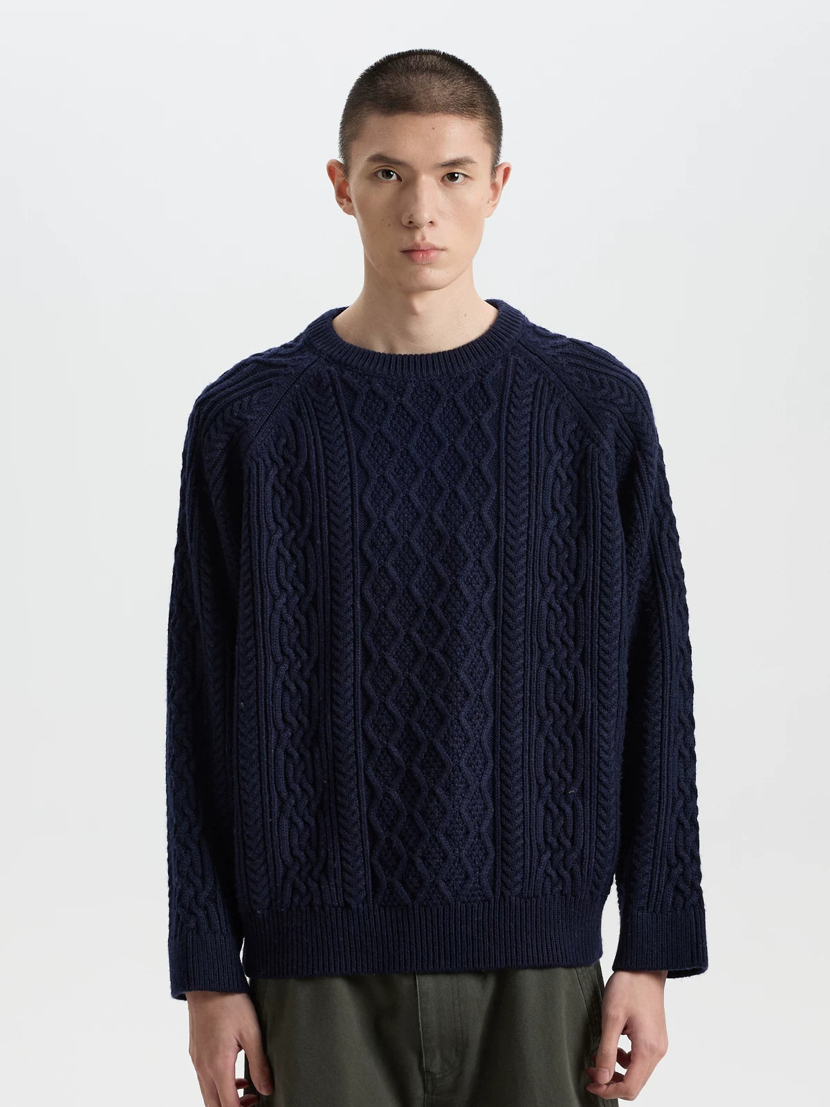 BUTTBILL Textured Cable-Knit Wool-Blend Sweater – Relaxed Fit Raglan Sleeve Crewneck Pullover#131
