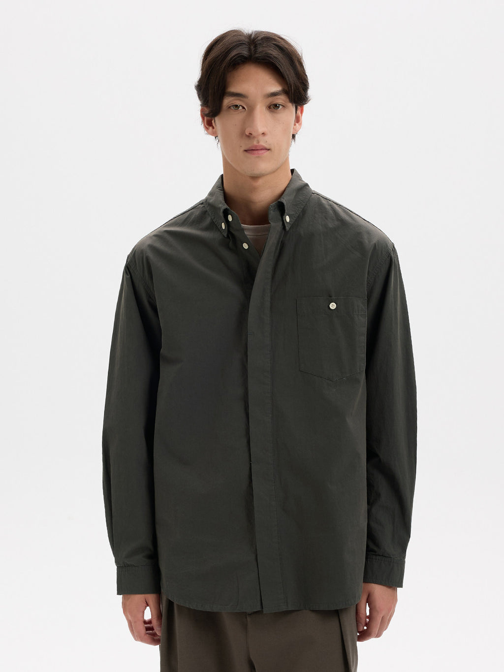 BUTTBILL Unisex High-Density Washed Cotton Concealed Placket Long-Sleeve Shirt021