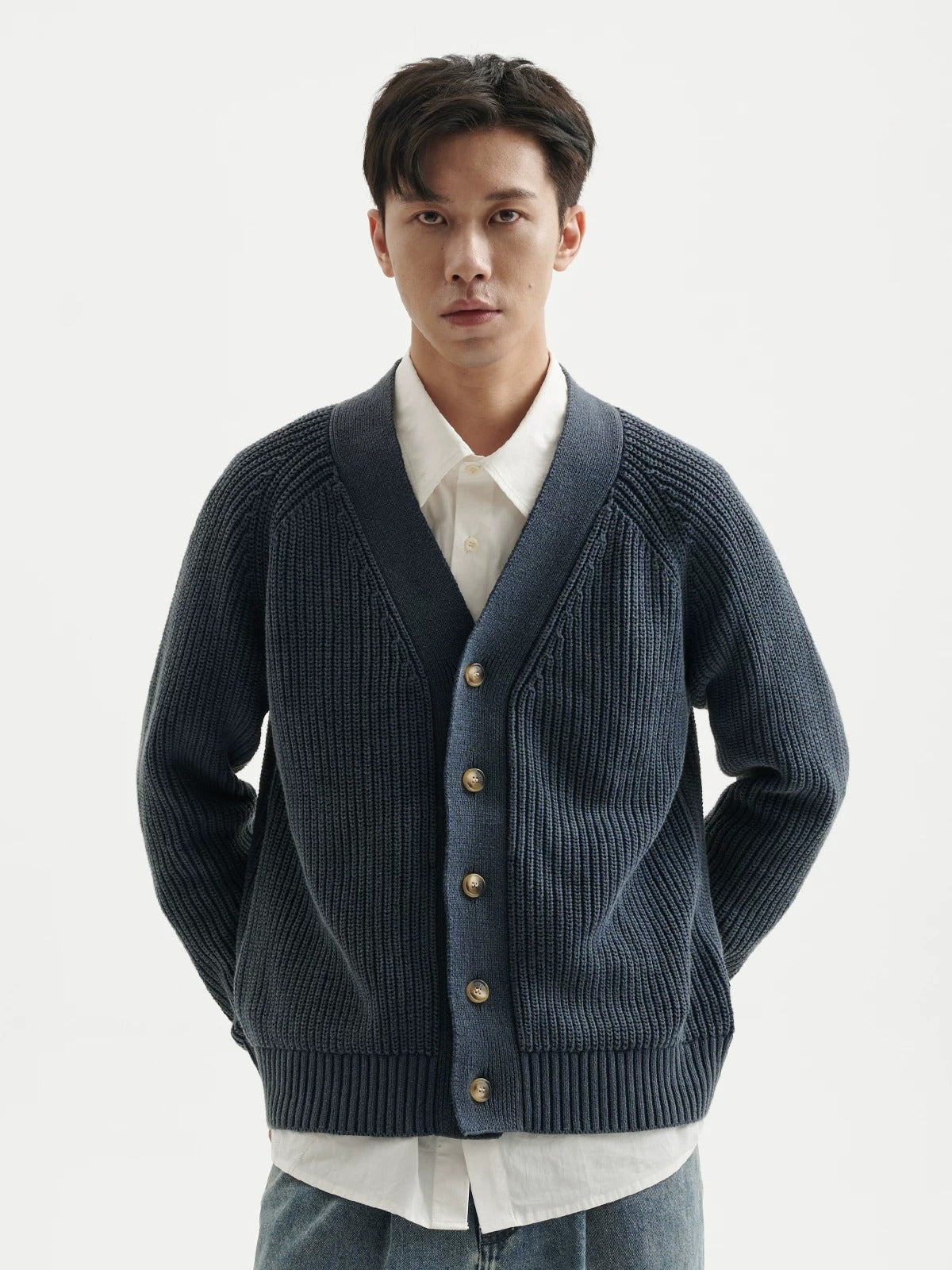 BUTTBILL Men's Stonewashed 32s Cotton V-Neck Cardigan Jacket091