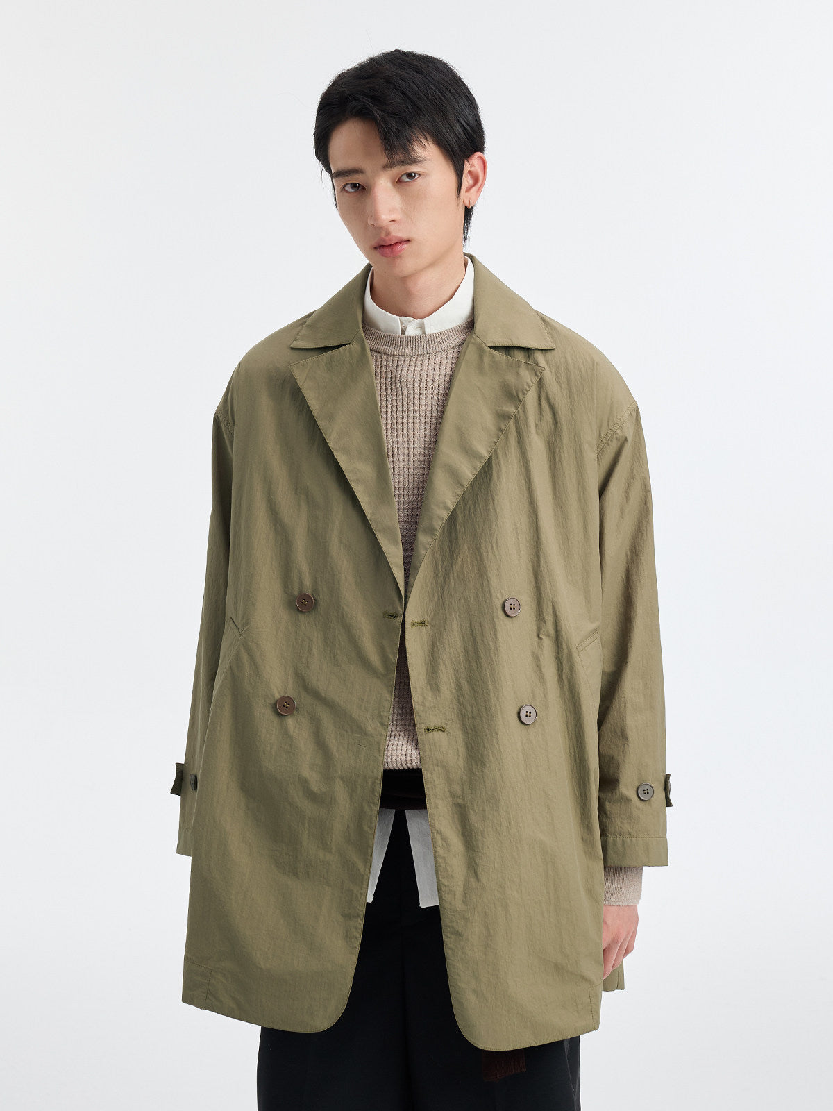 BUTTBILL SS26 Unisex Cotton-Nylon Double-Breasted Mid-Length Trench Coat with Mesh Lining