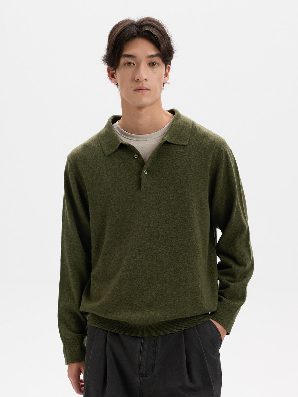 BUTTBILL Minimalist Wool-Blend Long-Sleeve Knit Polo with Shell Buttons020