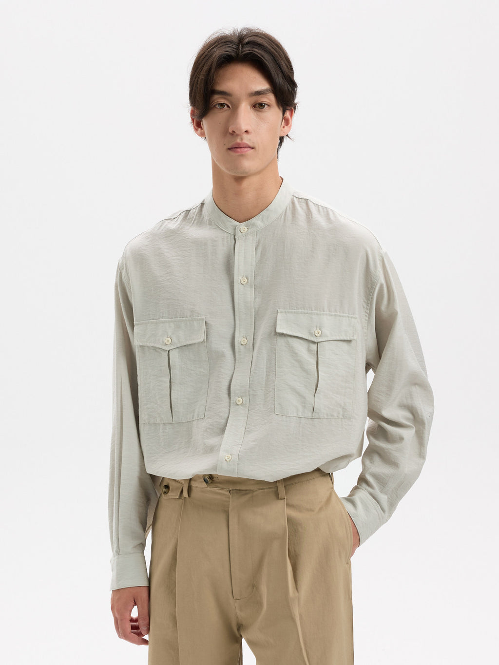 BUTTBILL Minimalist Crinkled Pima Cotton Blend Band Collar Shirt with Double Pockets029