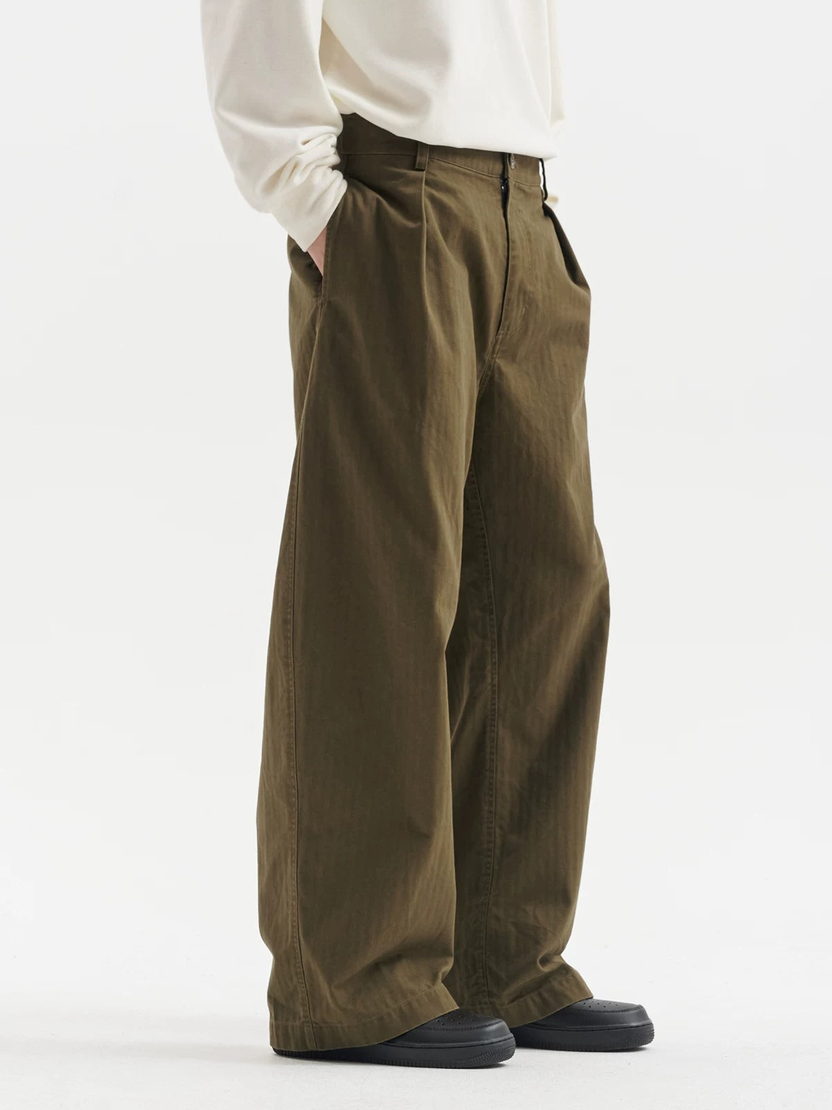 BUTTBILL Men's Enzyme-Washed Cotton Twill Pleated Straight Trousers059