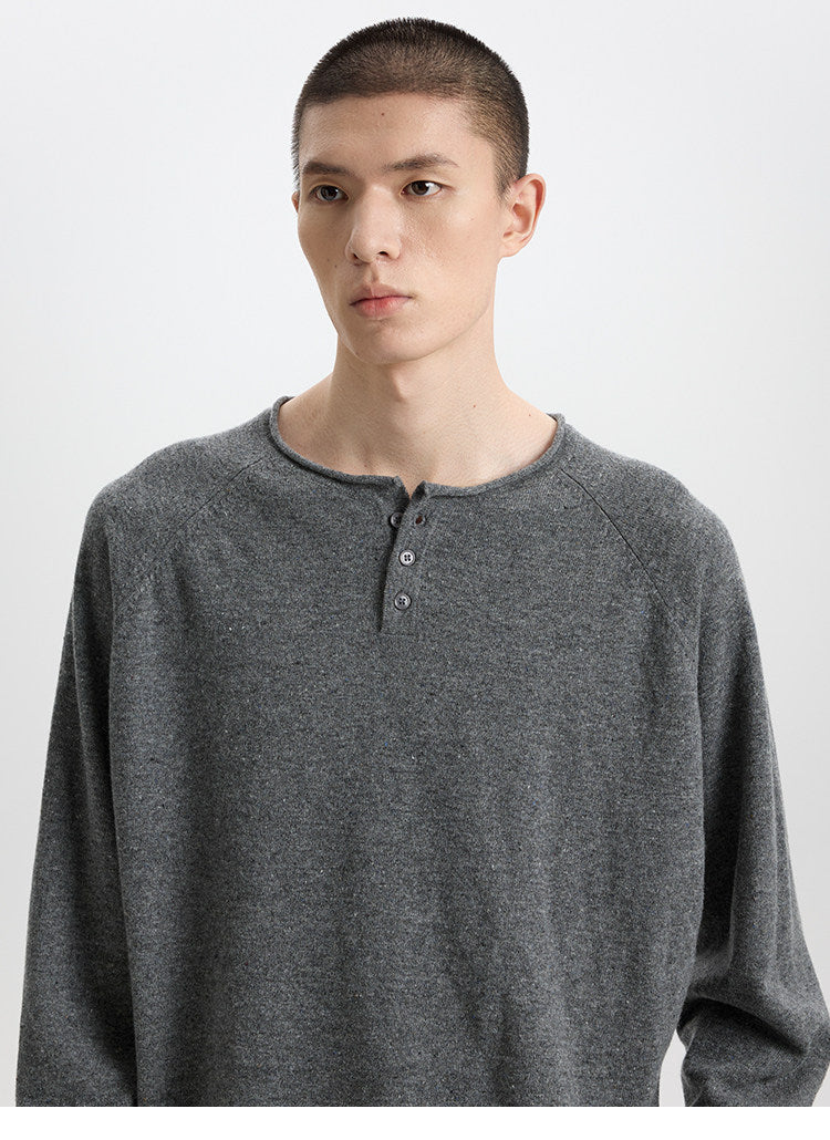 BUTTBILL 17.5-Micron 100% Merino Wool Henley Knit Sweater – Relaxed Fit Lightweight Long Sleeve Pullover#120