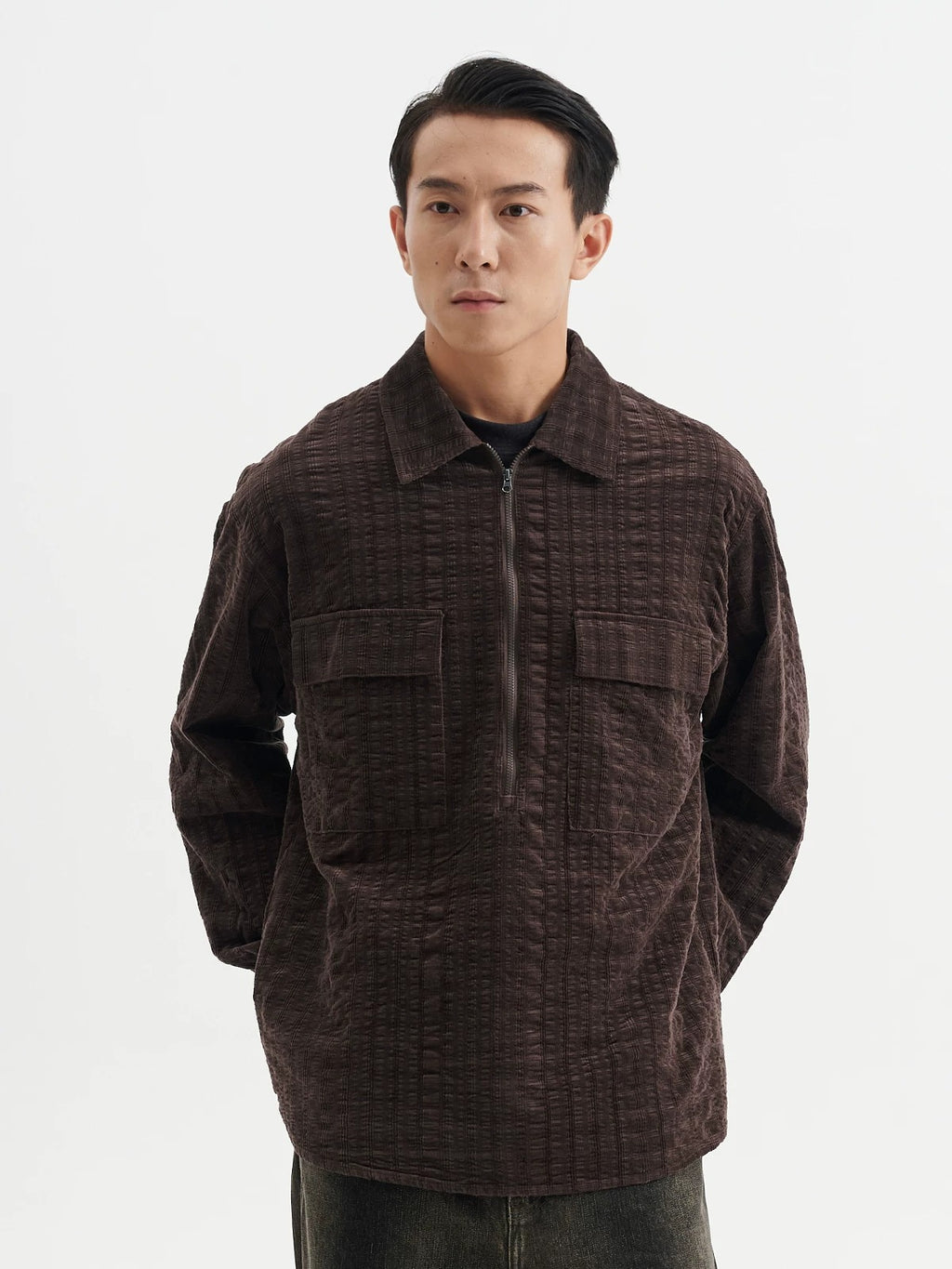 BUTTBILL FW25 Unisex Plaid Cotton Corduroy Half-Zip Overshirt071