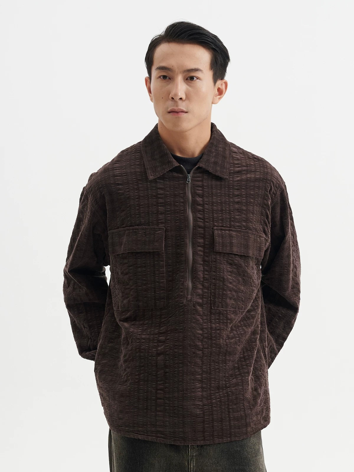 BUTTBILL FW25 Unisex Plaid Cotton Corduroy Half-Zip Overshirt071