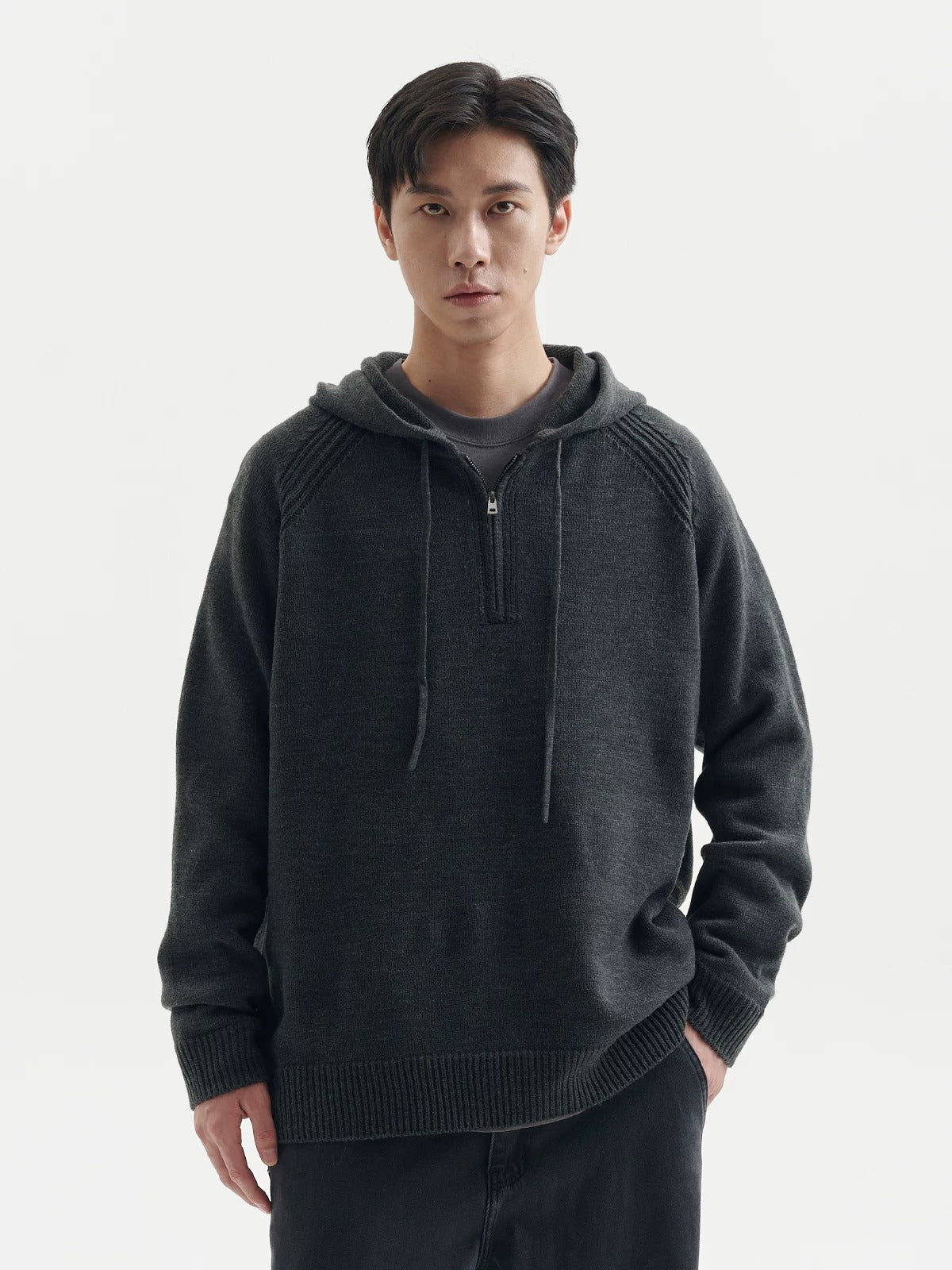 BUTTBILL Men's Minimalist Half-Placket Knit Hoodie111