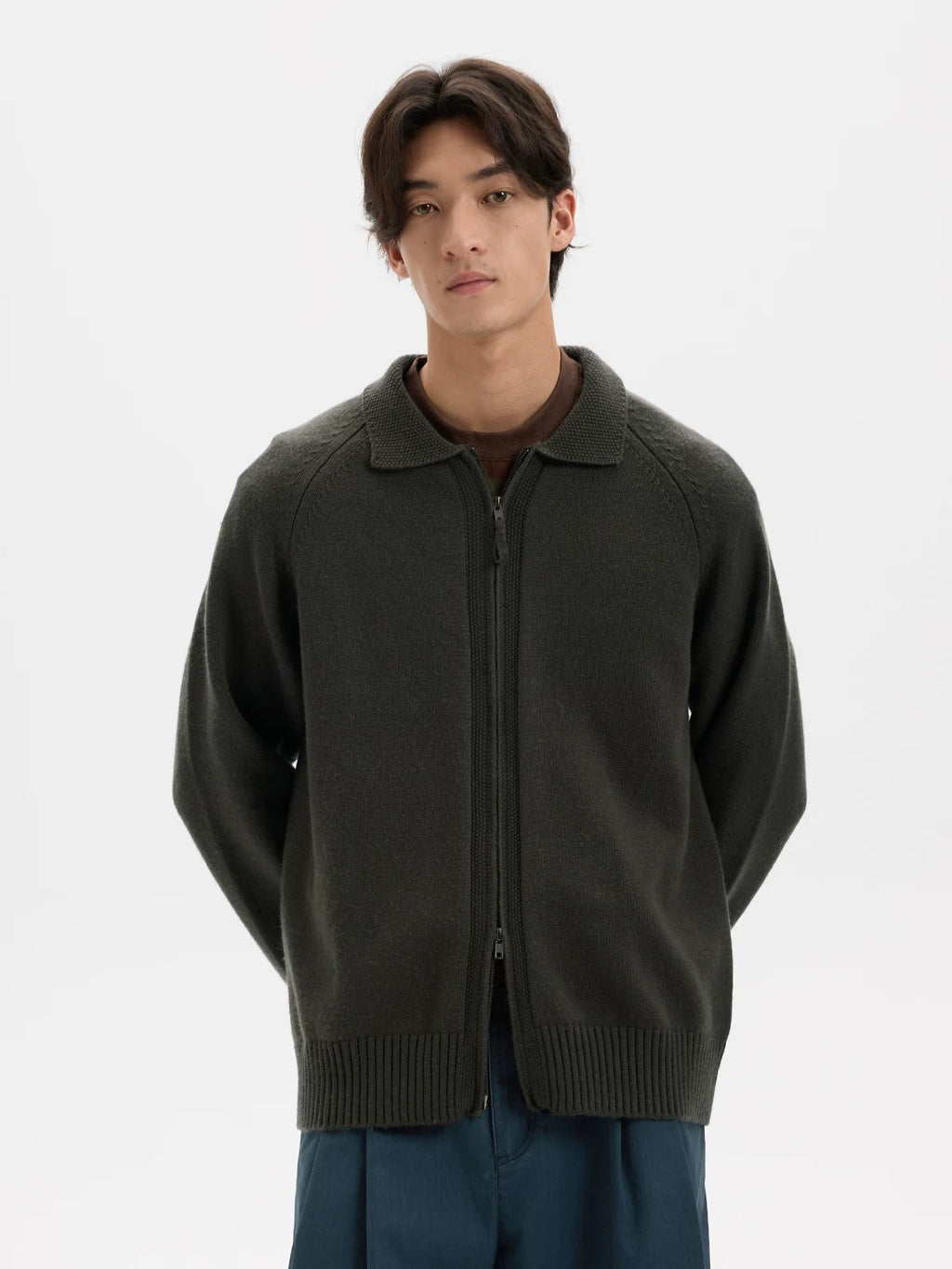 BUTTBILL Vintage Wool-Blend Raglan Collared Two-Way Zip Cardigan042