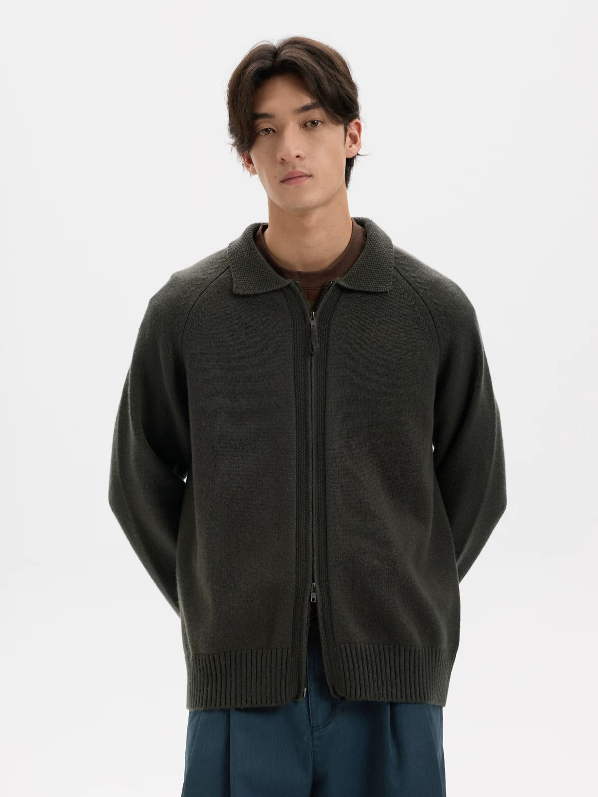 BUTTBILL Vintage Wool-Blend Raglan Collared Two-Way Zip Cardigan042