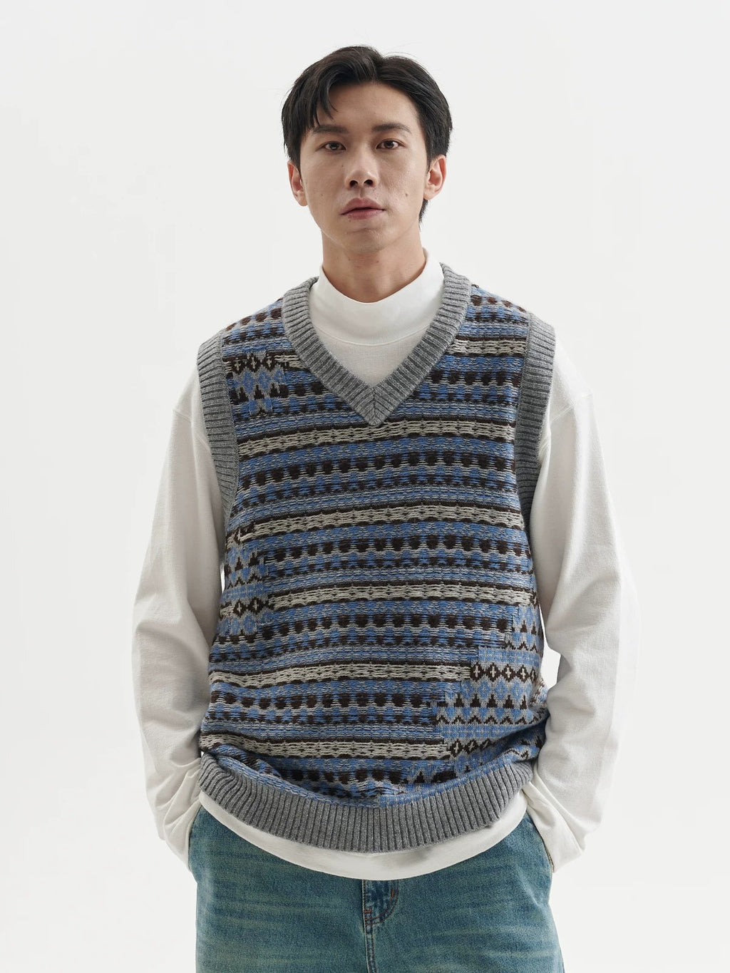 BUTTBILL Men's Relaxed Fair Isle Lambswool V-Neck Sweater Vest092