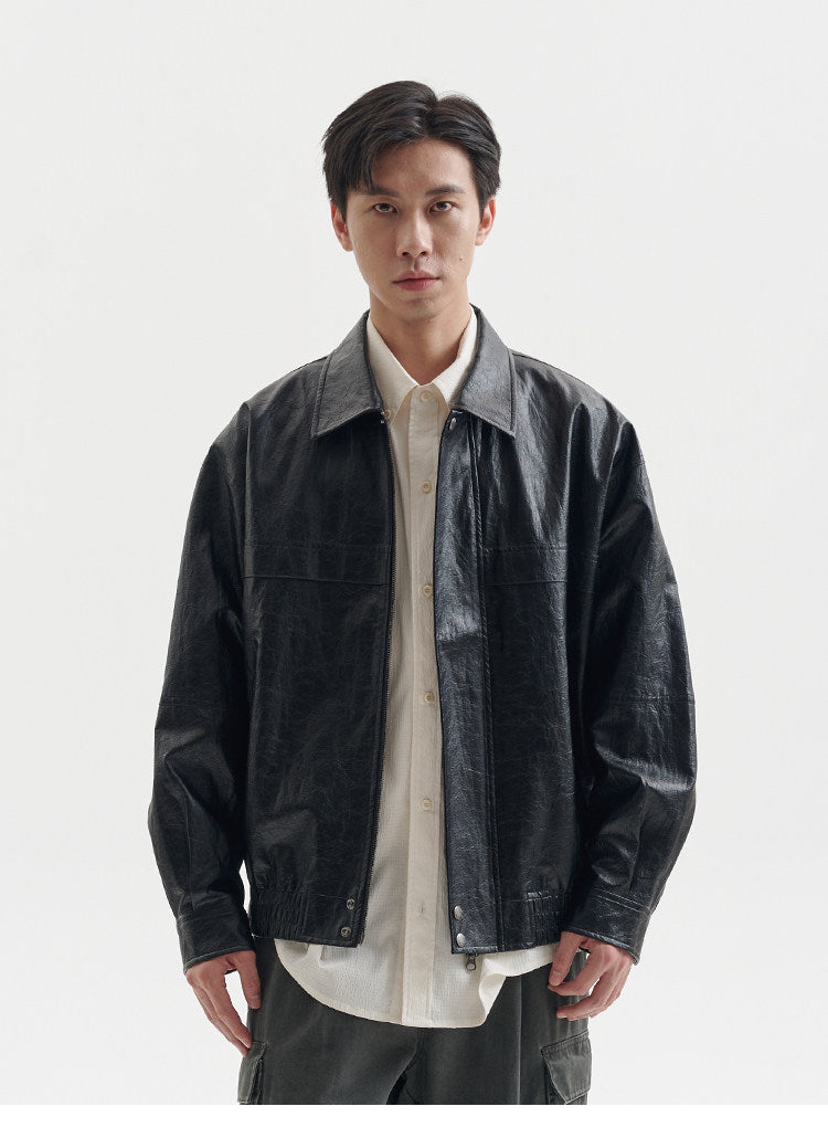 BUTTBILL Unisex Distressed Paper-Touch Faux Leather Jacket108