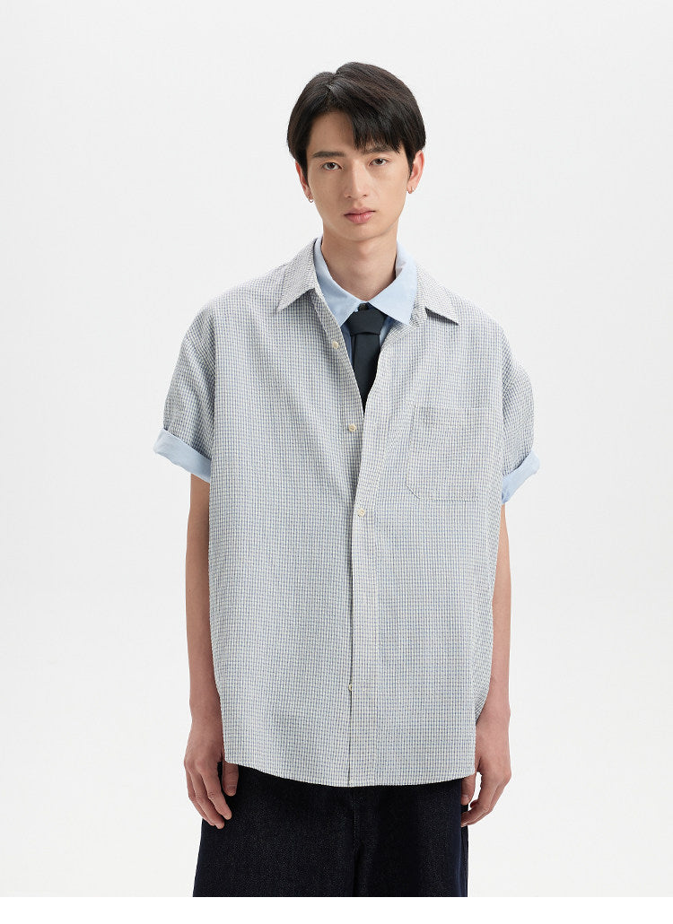 BUTTBILL SS26 Plaid Seersucker Lyocell-Linen Short-Sleeve Pocketed Overshirt