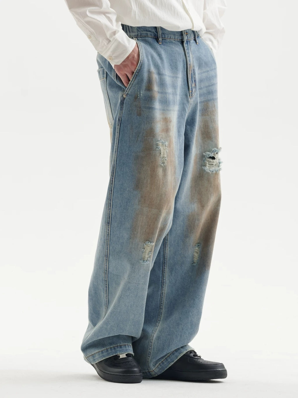 BUTTBILL Unisex Vintage Mud-Dyed Washed Relaxed Jeans086
