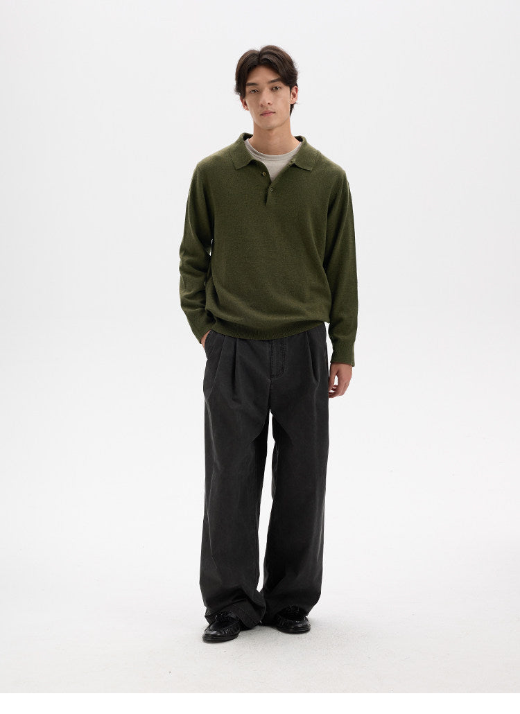 BUTTBILL Minimalist Wool-Blend Long-Sleeve Knit Polo with Shell Buttons020