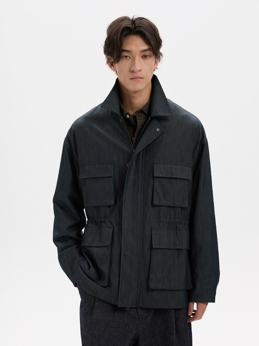 BUTTBILL Unisex Slub Cotton Utility Safari Jacket with Adjustable Drawstring026