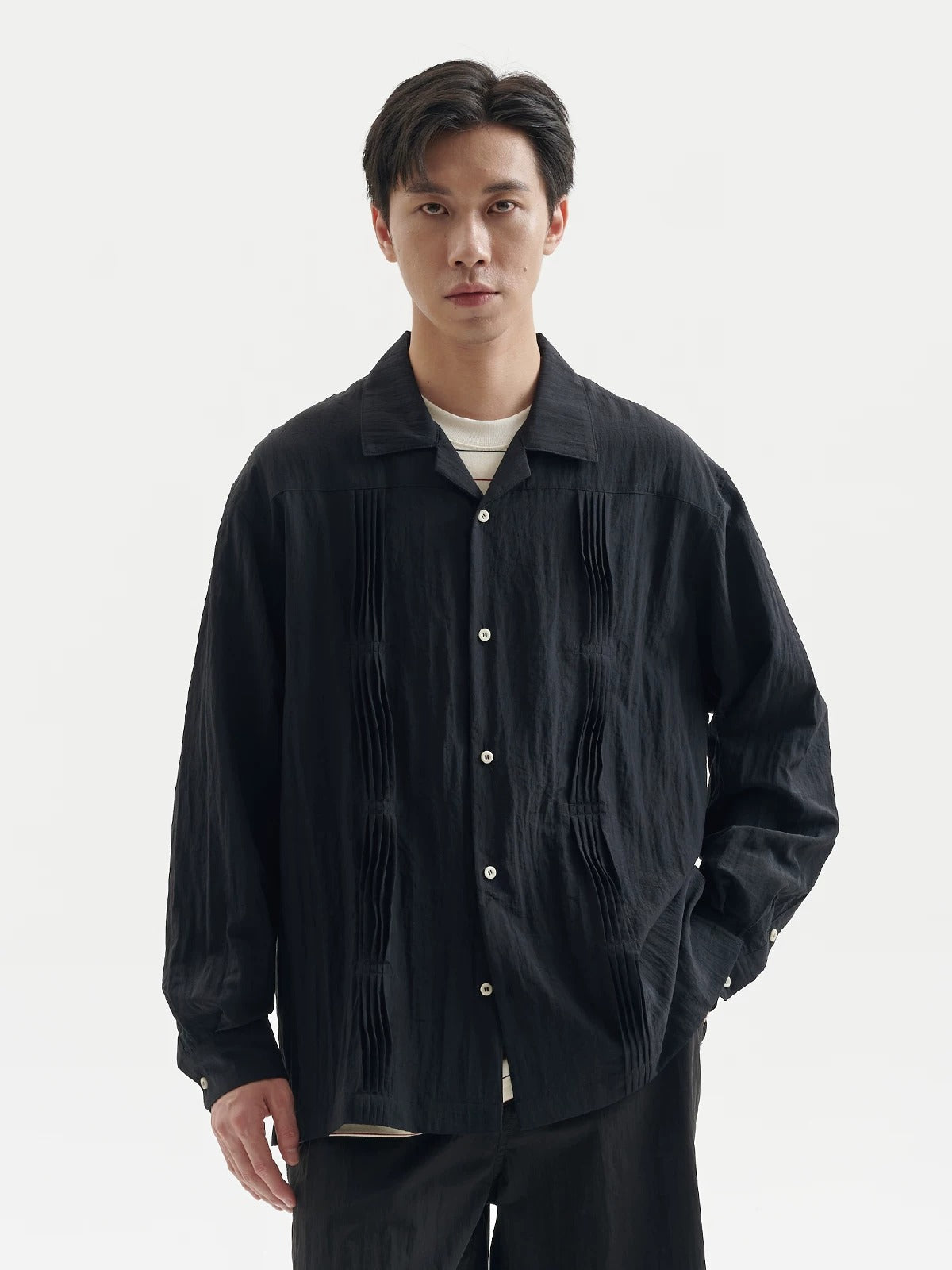 BUTTBILL Unisex 60% Bamboo-Blend Pleated Camp Collar Long-Sleeve Shirt115