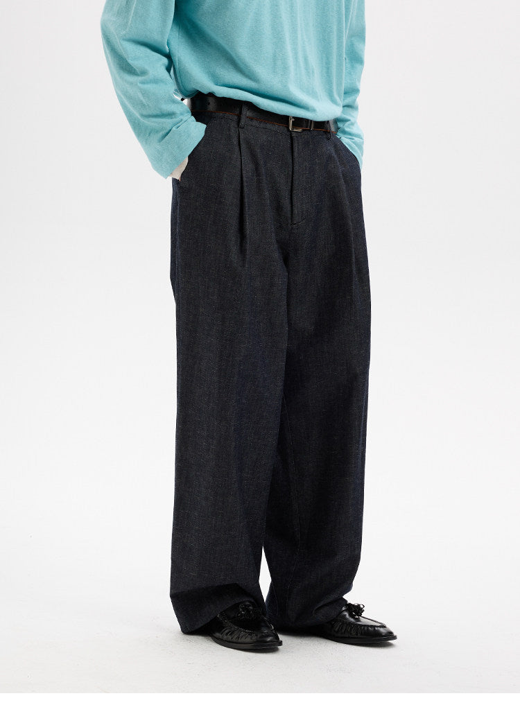 BUTTBILL Unisex Cotton-Linen-Lyocell Blend Single-Pleated Relaxed Trousers