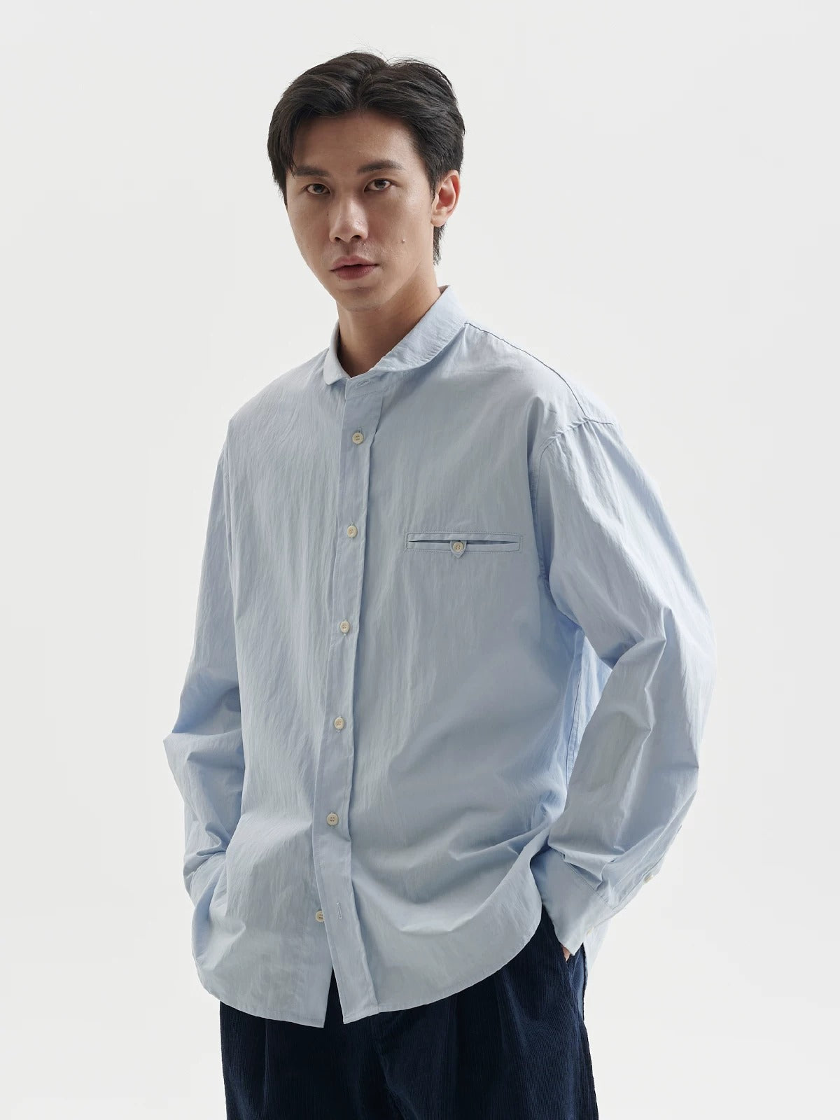 BUTTBILL Minimalist Cotton-Nylon Shawl Collar Long-Sleeve Overshirt116