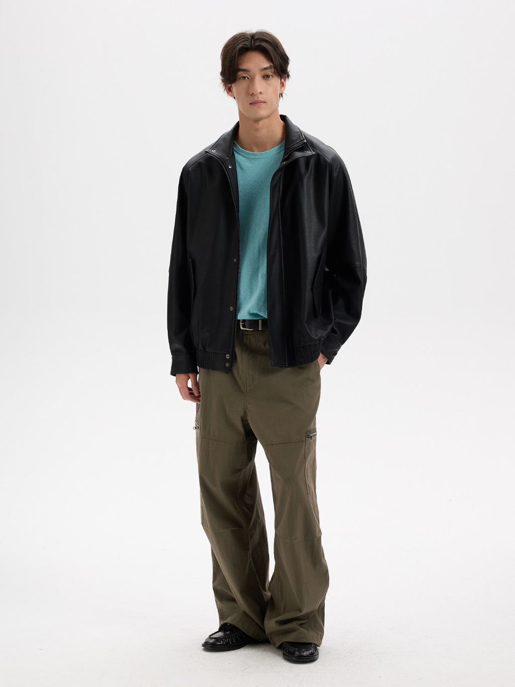 BUTTBILL Vintage Biker Textured Faux Leather Stand Collar Jacket with Two-Way Zip016