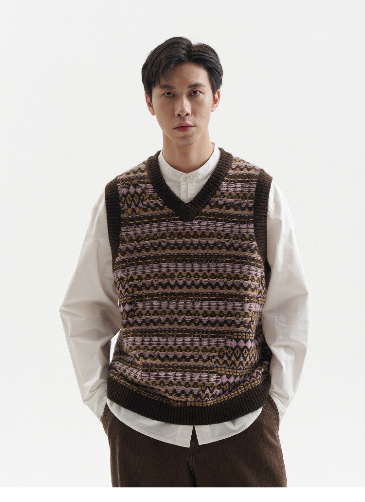 BUTTBILL Men's Relaxed Fair Isle Lambswool V-Neck Sweater Vest092