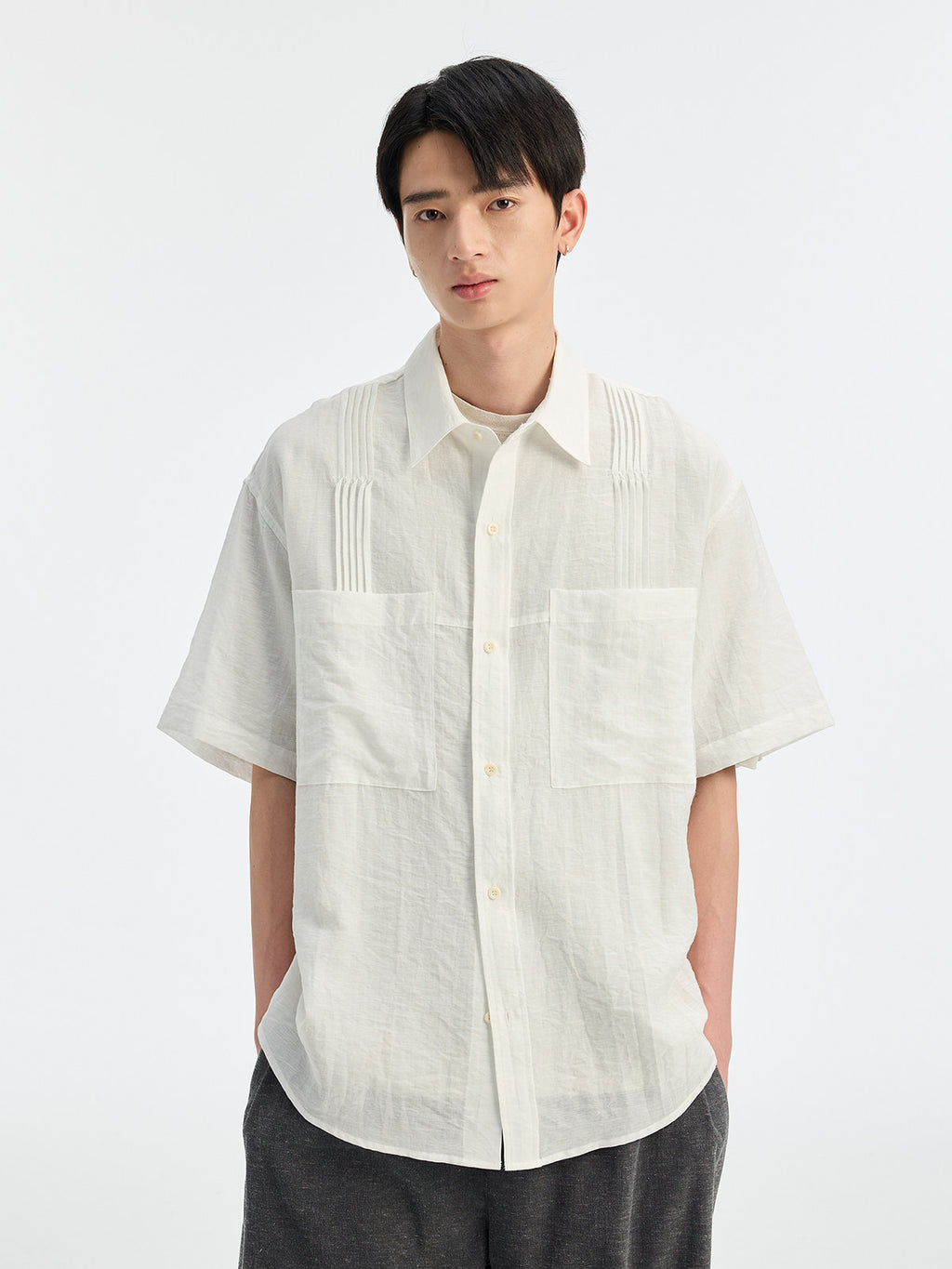 BUTTBILL SS26 Linen-Blend Box-Pleated Short-Sleeve Shirt with Pocket