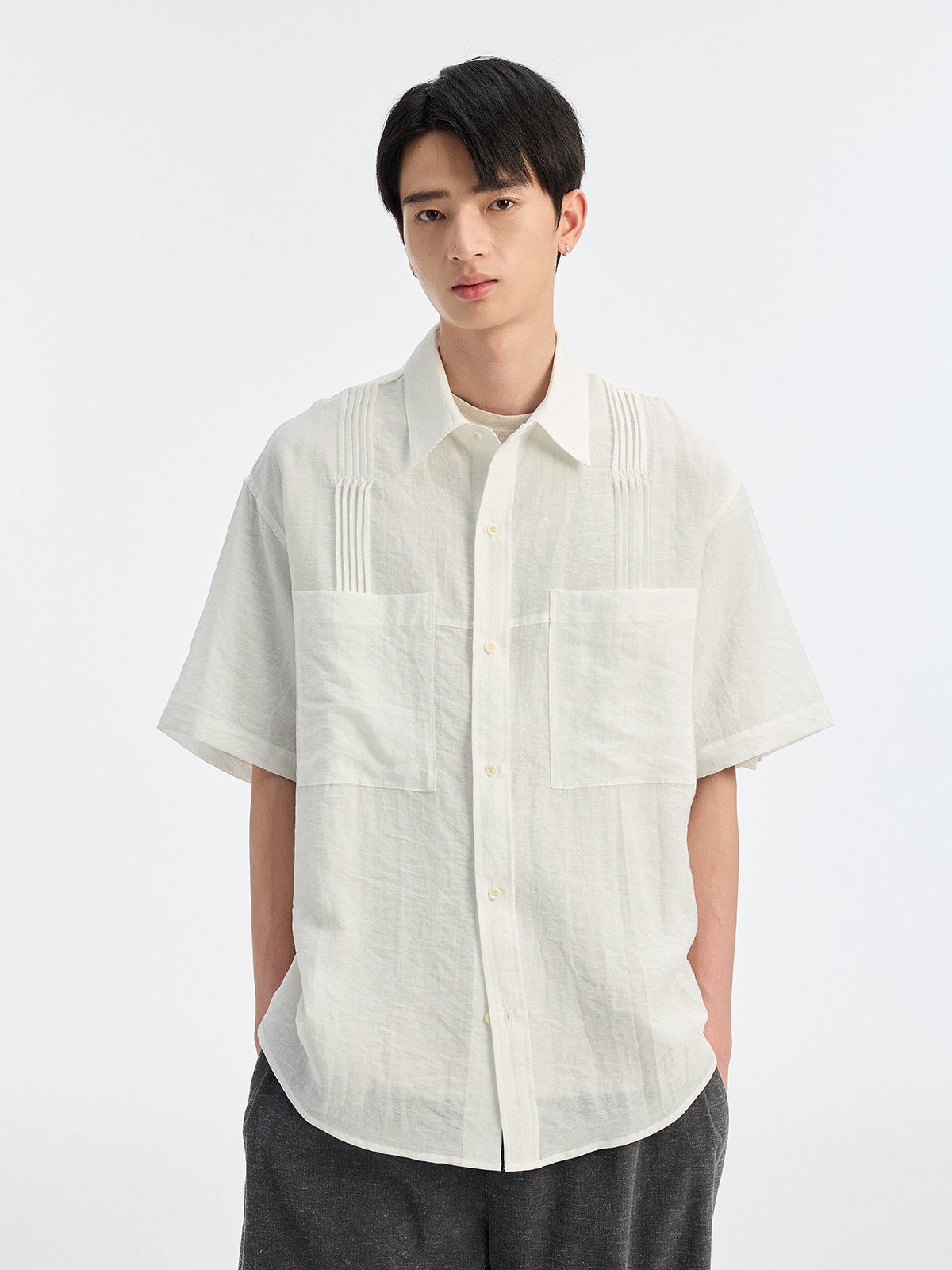 BUTTBILL SS26 Linen-Blend Box-Pleated Short-Sleeve Shirt with Pocket