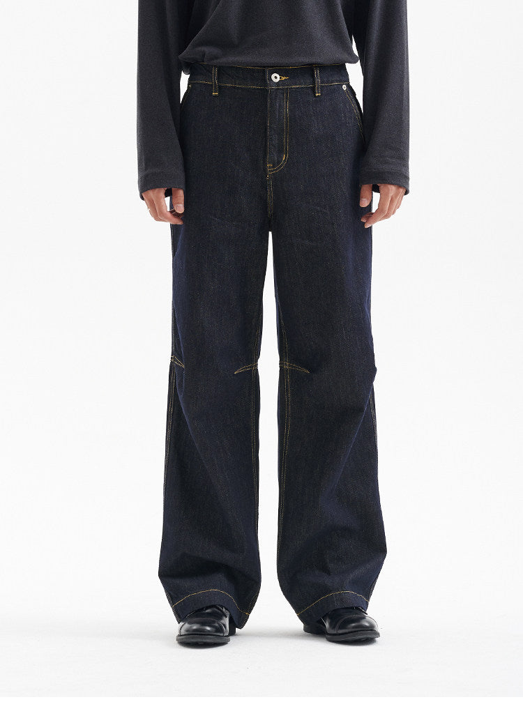 BUTTBILL Men's 13.2oz Knee-Pleated Washed Denim Jeans with Contrast Stitching080