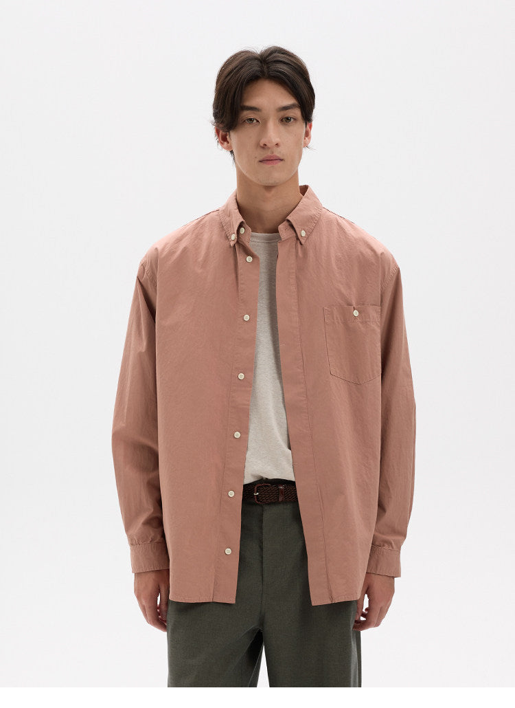 BUTTBILL Unisex High-Density Washed Cotton Concealed Placket Long-Sleeve Shirt021