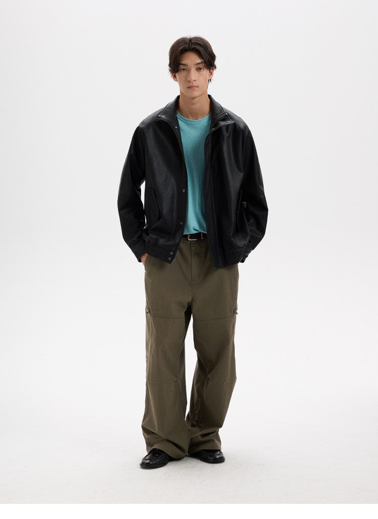BUTTBILL Vintage Biker Textured Faux Leather Stand Collar Jacket with Two-Way Zip016