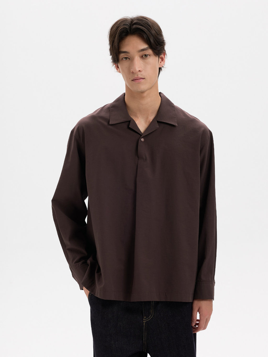 BUTTBILL Urban Minimalist Lyocell-Blend Pleated Camp Collar Snap-Front Shirt028