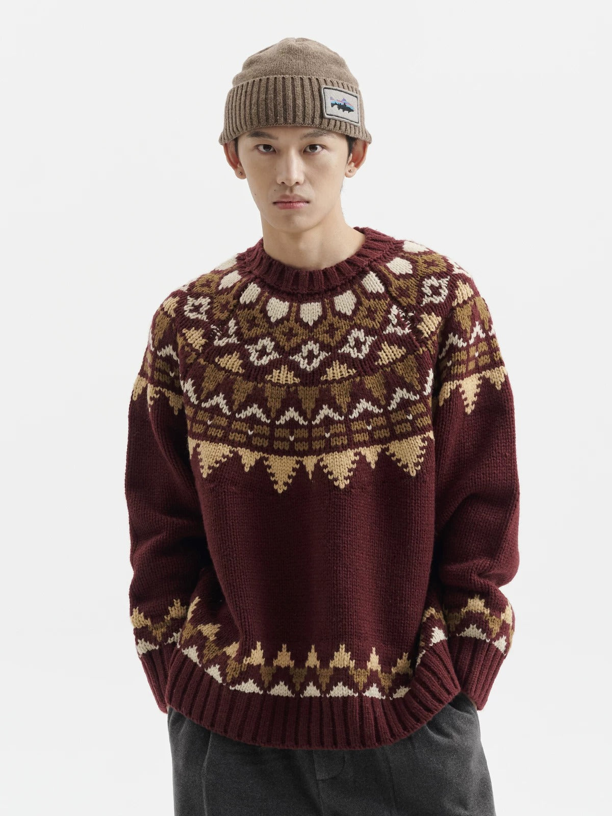 BUTTBILL FW25 Unisex Holiday Fair Isle Yoke Lambswool Sweater057