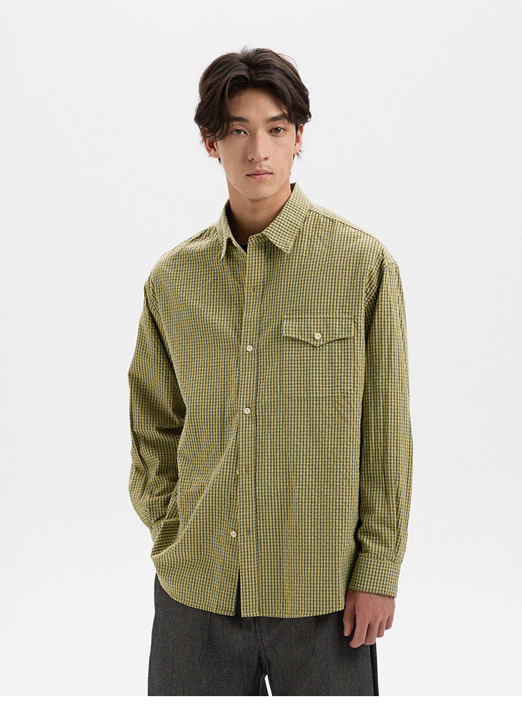 BUTTBILL Vintage Textured Plaid 100% Cotton Long-Sleeve Shirt024