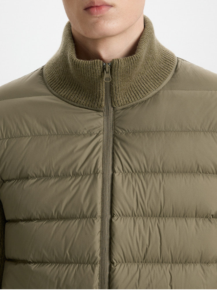 BUTTBILL Lightweight 90% White Duck Down Puffer Jacket – Knit Panel Quilted Stand Collar Jacket with Relaxed Fit#122