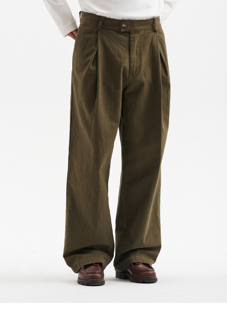 BUTTBILL Unisex 100% Cotton Herringbone Double-Pleated Trousers076