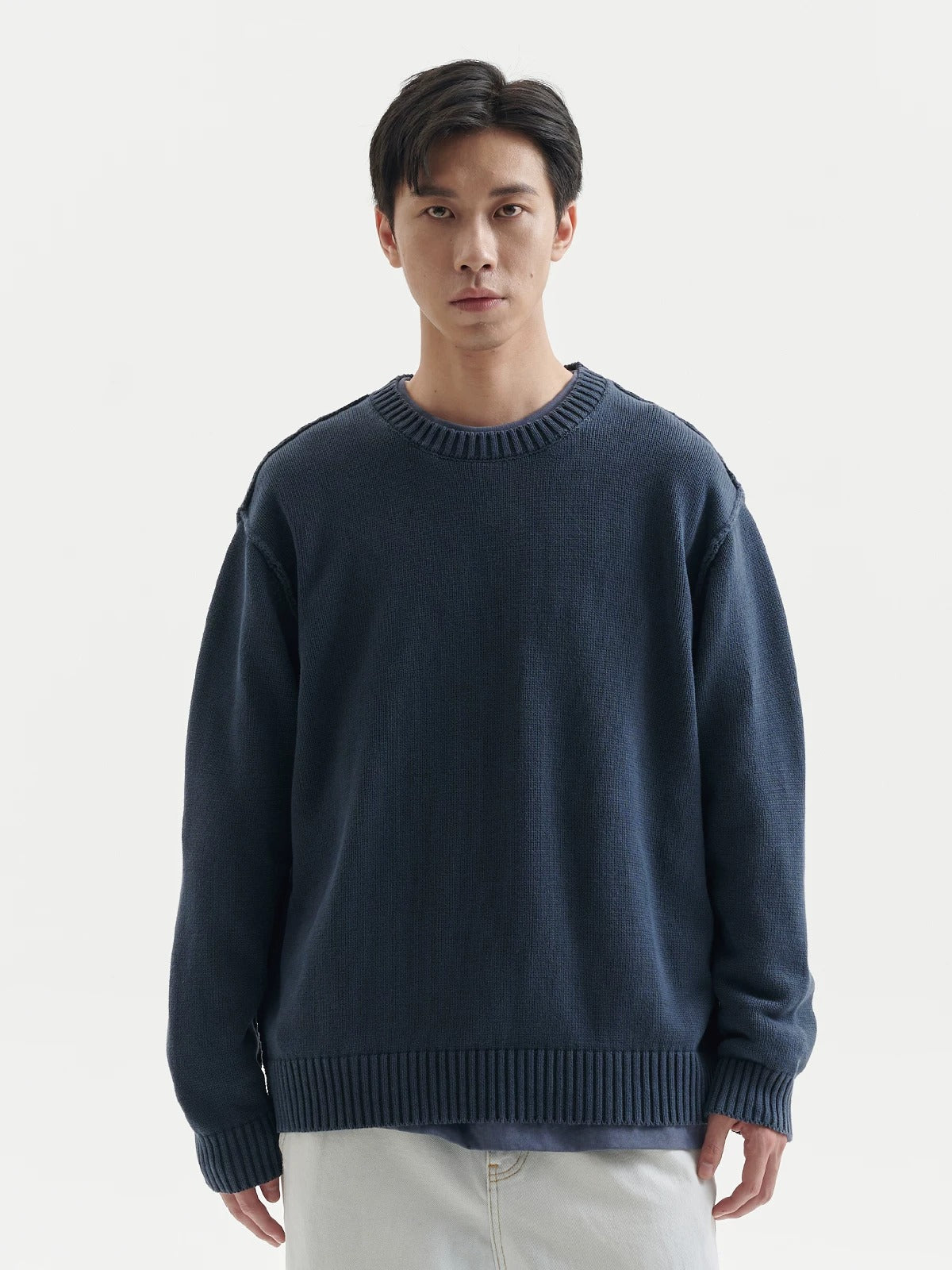 BUTTBILL Men's Stonewashed Minimalist Crewneck Knit Sweater099