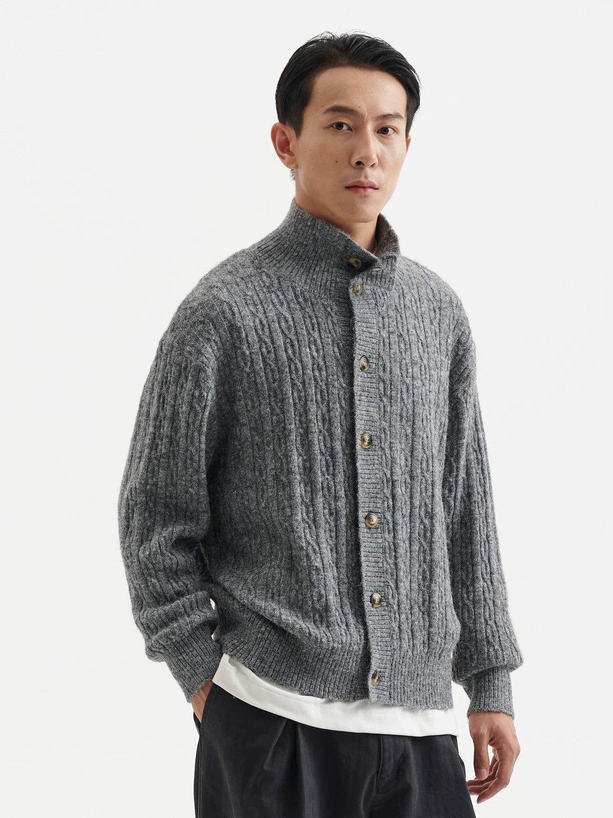 BUTTBILL Unisex Relaxed Stand Collar Cable-Knit Cardigan072