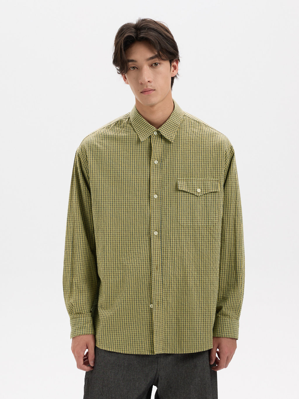 BUTTBILL Vintage Textured Plaid 100% Cotton Long-Sleeve Shirt024