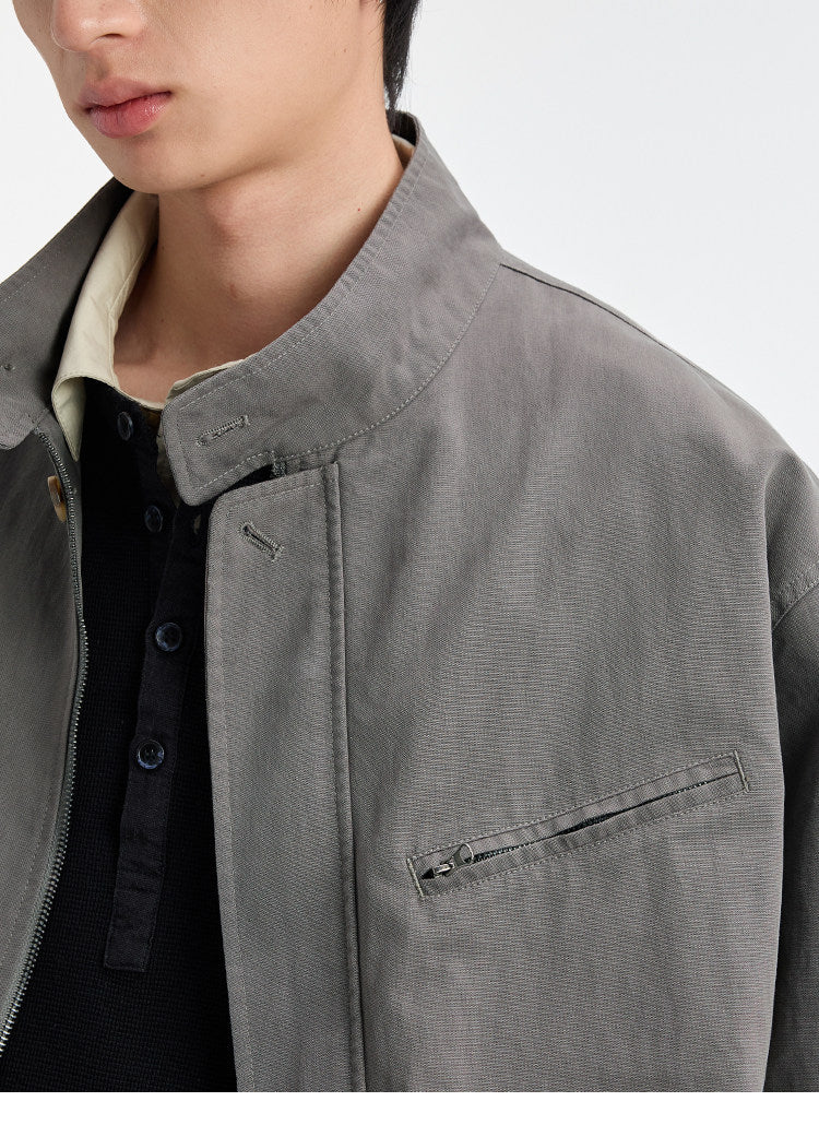 BUTTBILL SS26 Unisex Washed Stand Collar Cropped Moto Jacket048