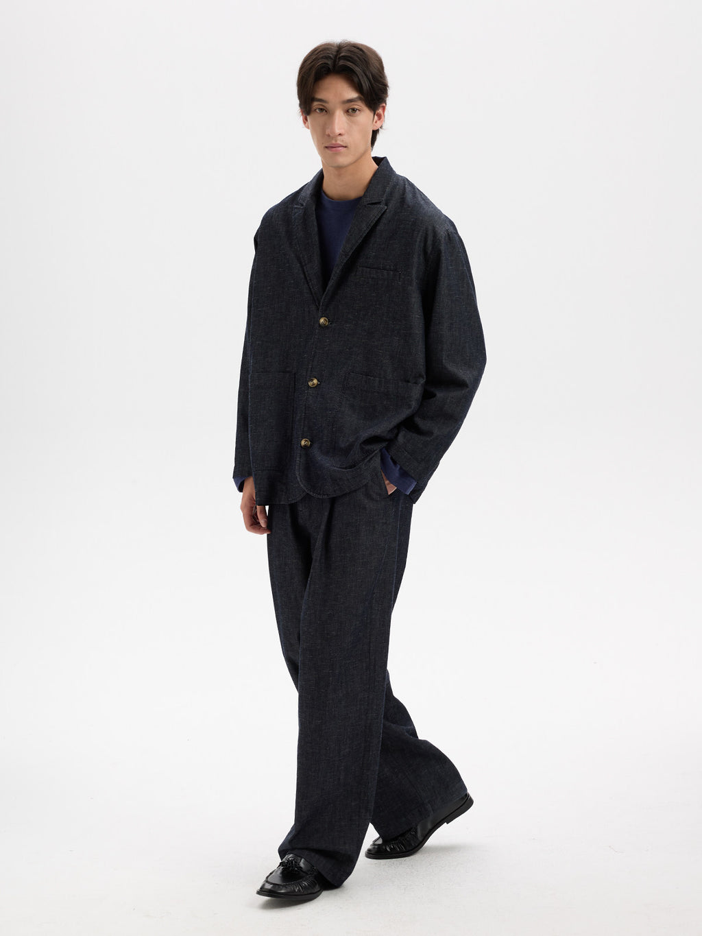 BUTTBILL Unisex Cotton-Linen-Lyocell Blend Washed Denim Relaxed Blazer023