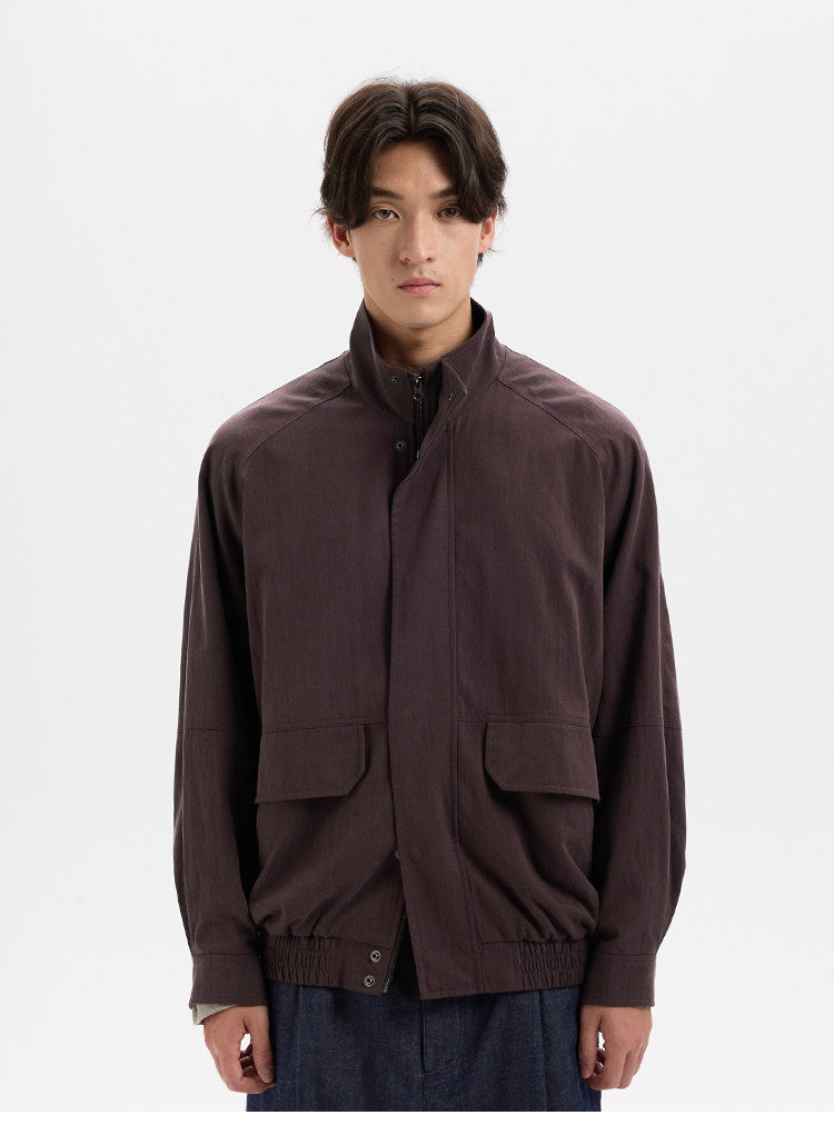 BUTTBILL Vintage Slub Cotton Stand Collar Multi-Pocket Jacket with Two-Way Zip022