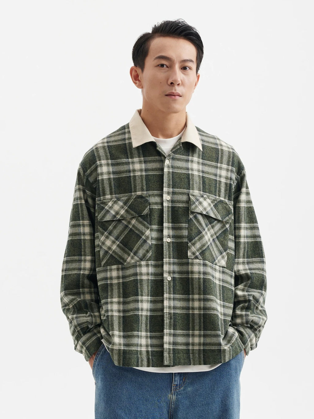 BUTTBILL Men's Cotton Plaid Overshirt with Contrast Corduroy Camp Collar079