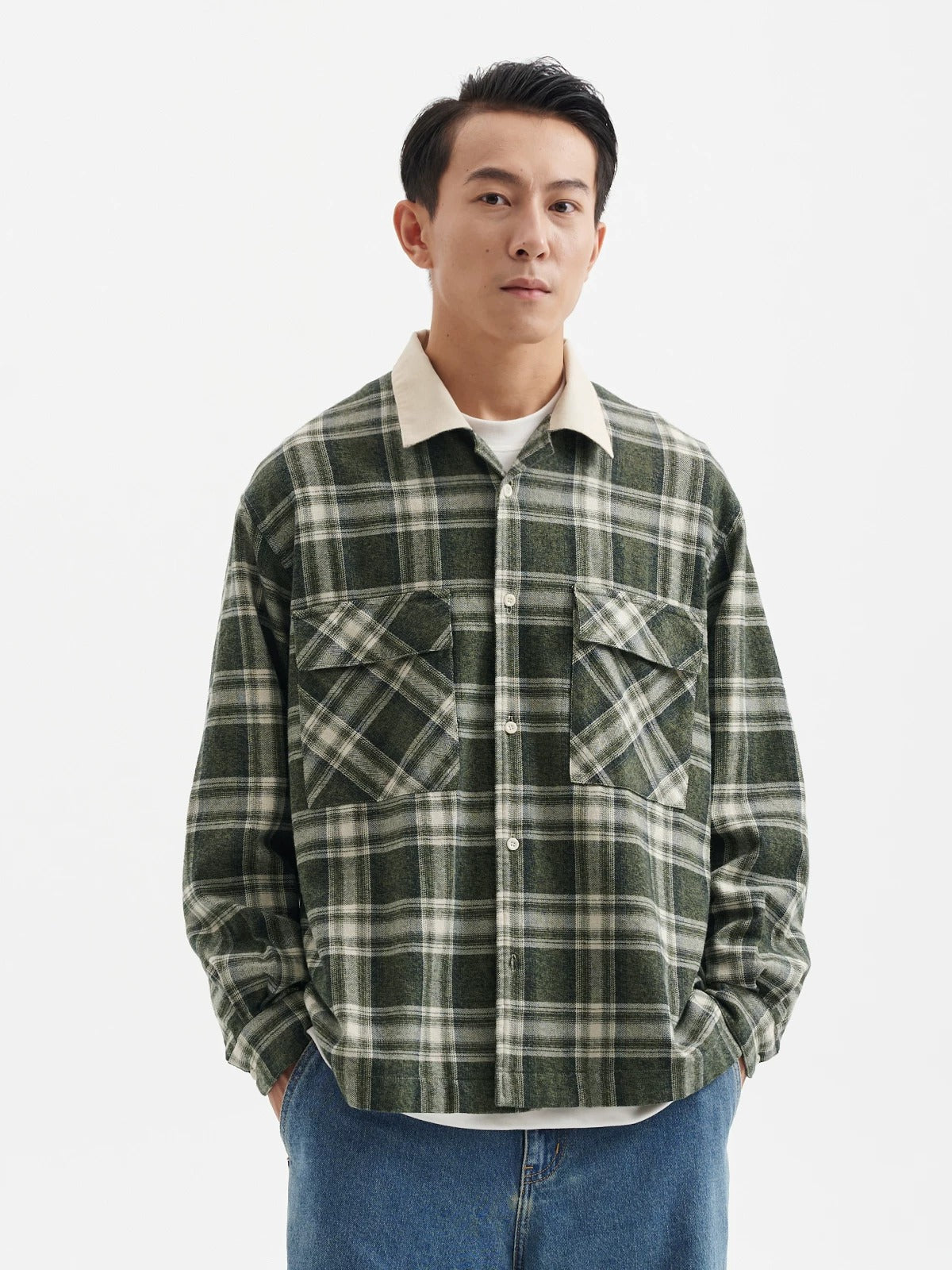 BUTTBILL Men's Cotton Plaid Overshirt with Contrast Corduroy Camp Collar079