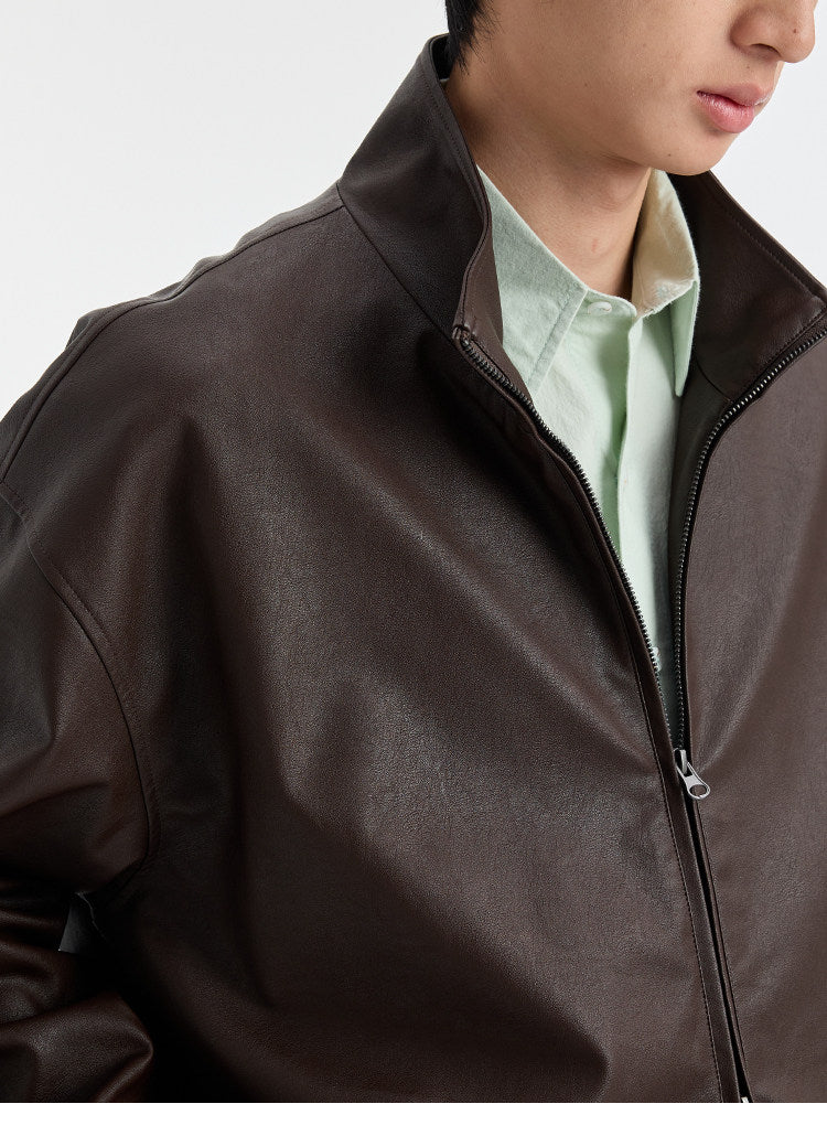 BUTTBILL SS26 Unisex Relaxed Faux Leather Stand Collar Jacket047