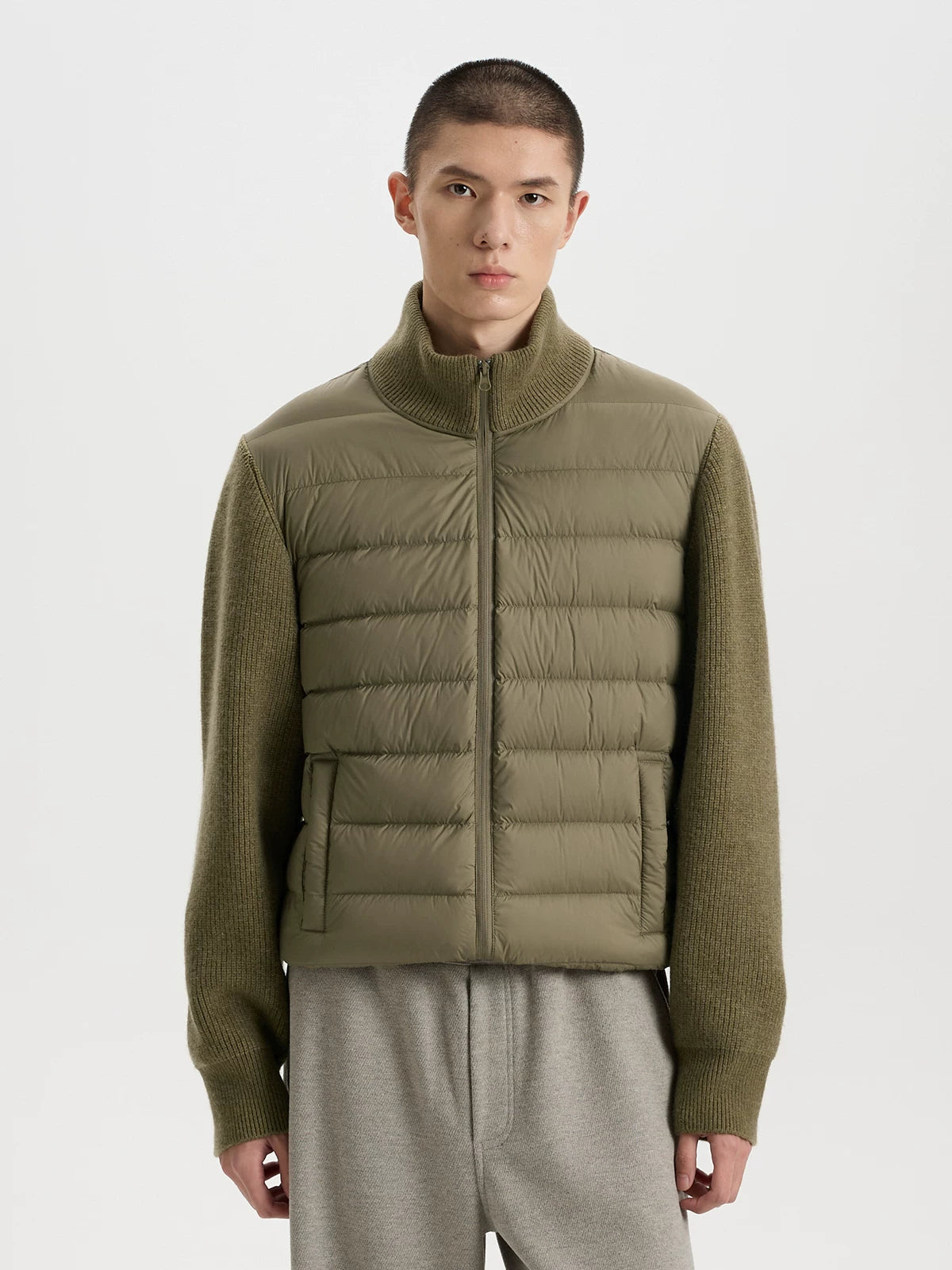 BUTTBILL Lightweight 90% White Duck Down Puffer Jacket – Knit Panel Quilted Stand Collar Jacket with Relaxed Fit#122
