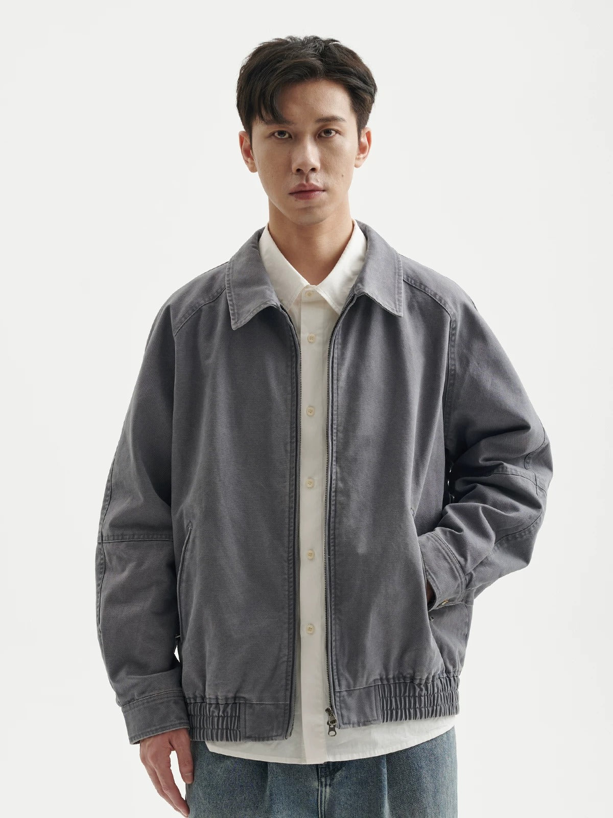 BUTTBILL Men's Enzyme-Washed Heavyweight Cotton Canvas Collared Short Jacket097